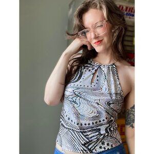 Y2K vintage halter top Self Esteem psych print holographic 2000s
